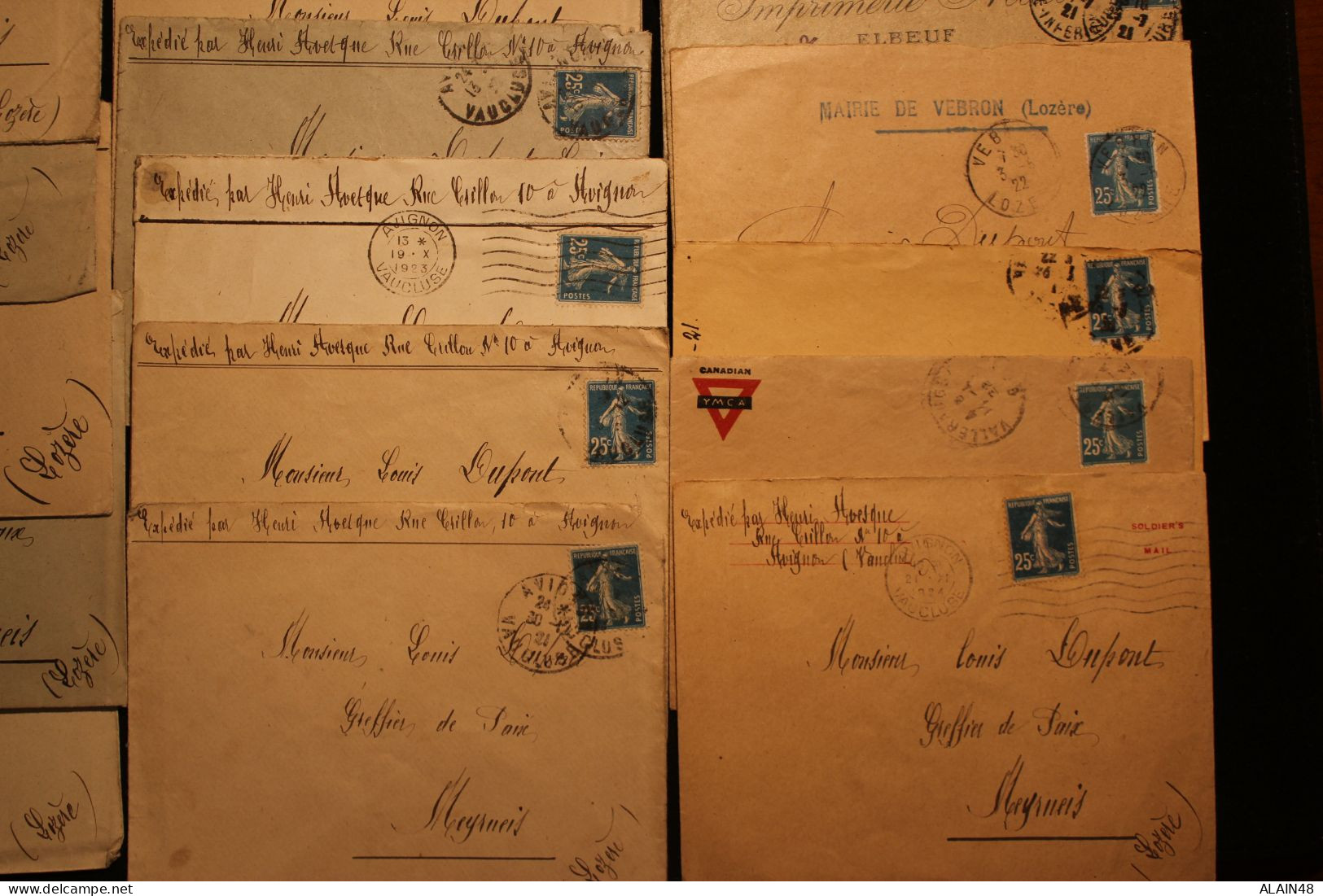 FRANCE LOT DE 20 LETTRES POUR MEYRUEIS (LOZERE) AVEC N°140 25c Bleu SEMEUSE FOND PLEIN - Lettres & Documents