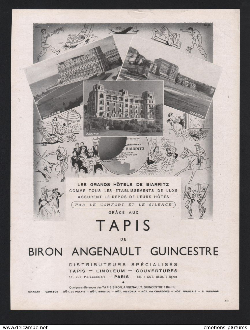 Pub Papier 1947 MONTRE Horlogerie JUVENIA La Chaux De Fonds Suisse Dos TAPIS Biron Angenault Guincestre Biarritz Hotel - Publicités