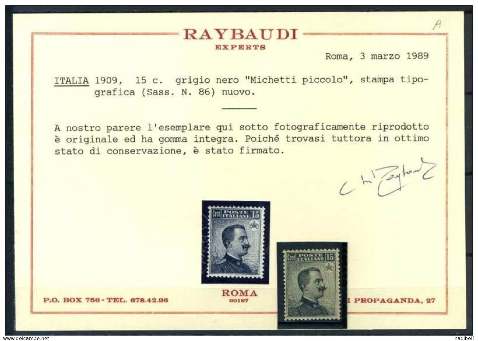 #16-08-00910 - Italy From 1901 To 1919 - 1909 - Sass. 86 - MNH - QUALITY:100% - Raybaudi Cert 15 C Grigio Nero - Mint/hinged