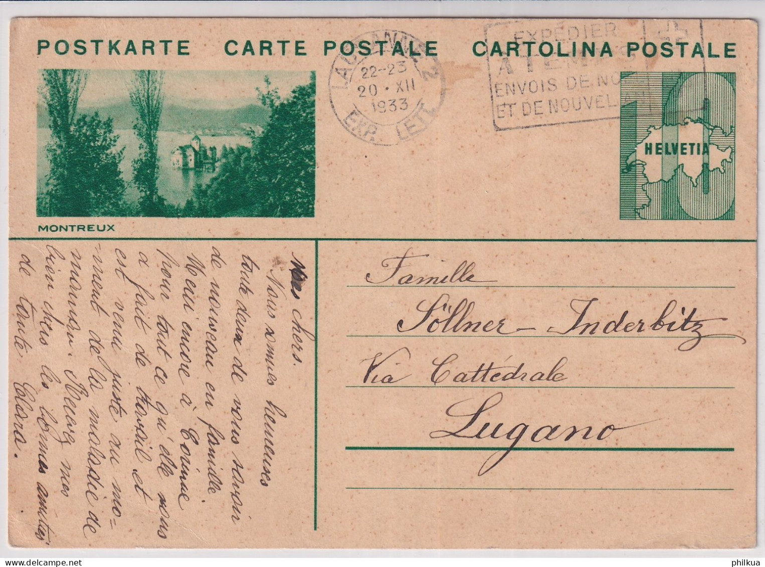 Bildpostkarte Montreux - Gelaufen 1933 Ab Lausanne Nach Lugano - Entiers Postaux