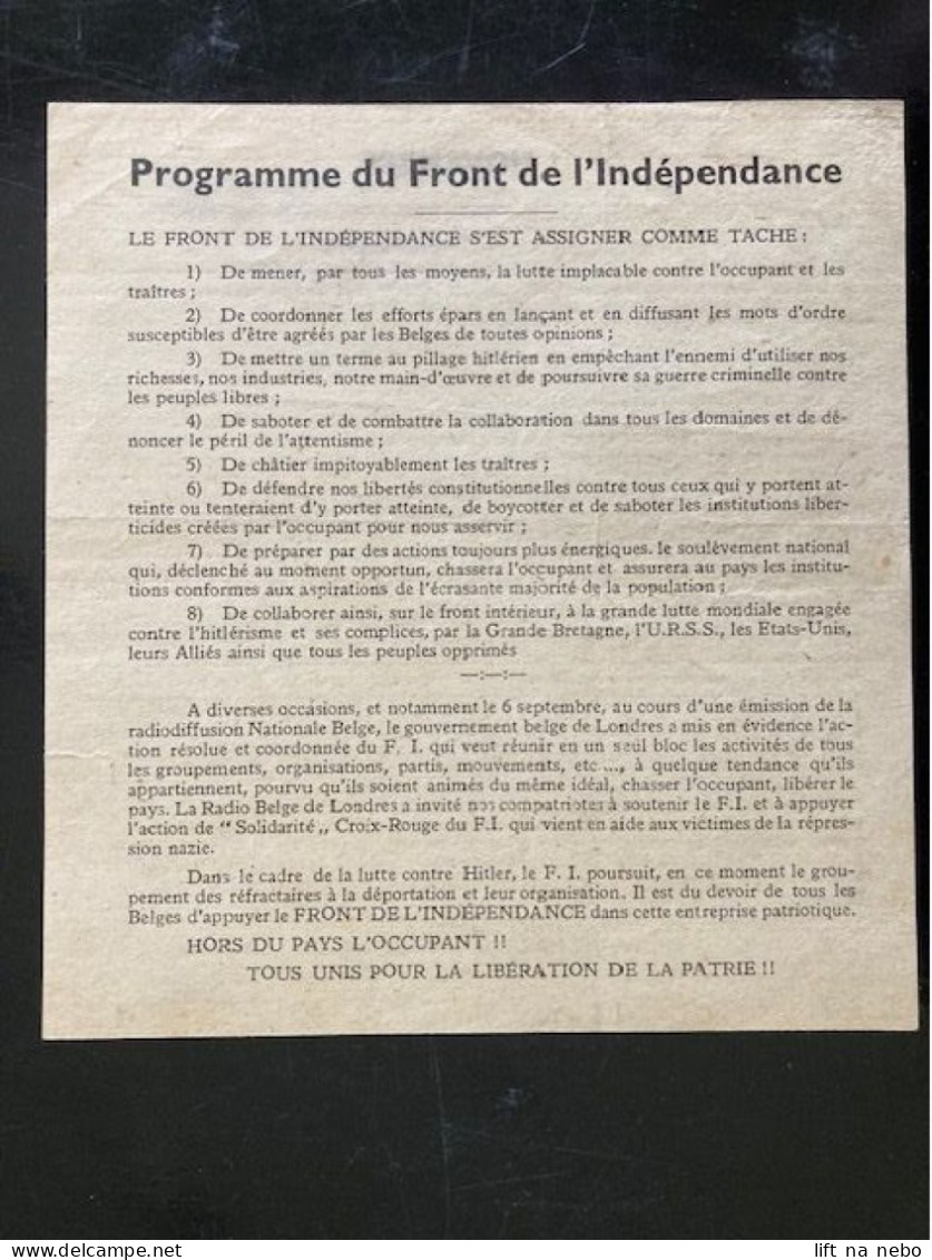 Tract Presse Clandestine Résistance Belge WWII WW2 'Programme Du Front De L'Indépendance' Printed On Both Sides - Dokumente