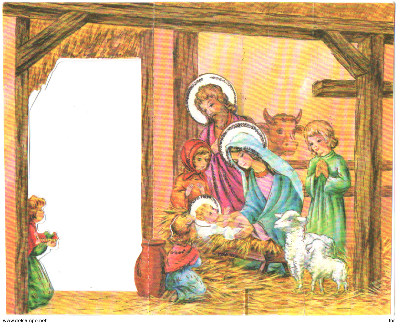 Fêtes - Vœux : Heureux Noël : Carte à Système Pop-Up - Paillettes : Crèche - Cartoline Con Meccanismi