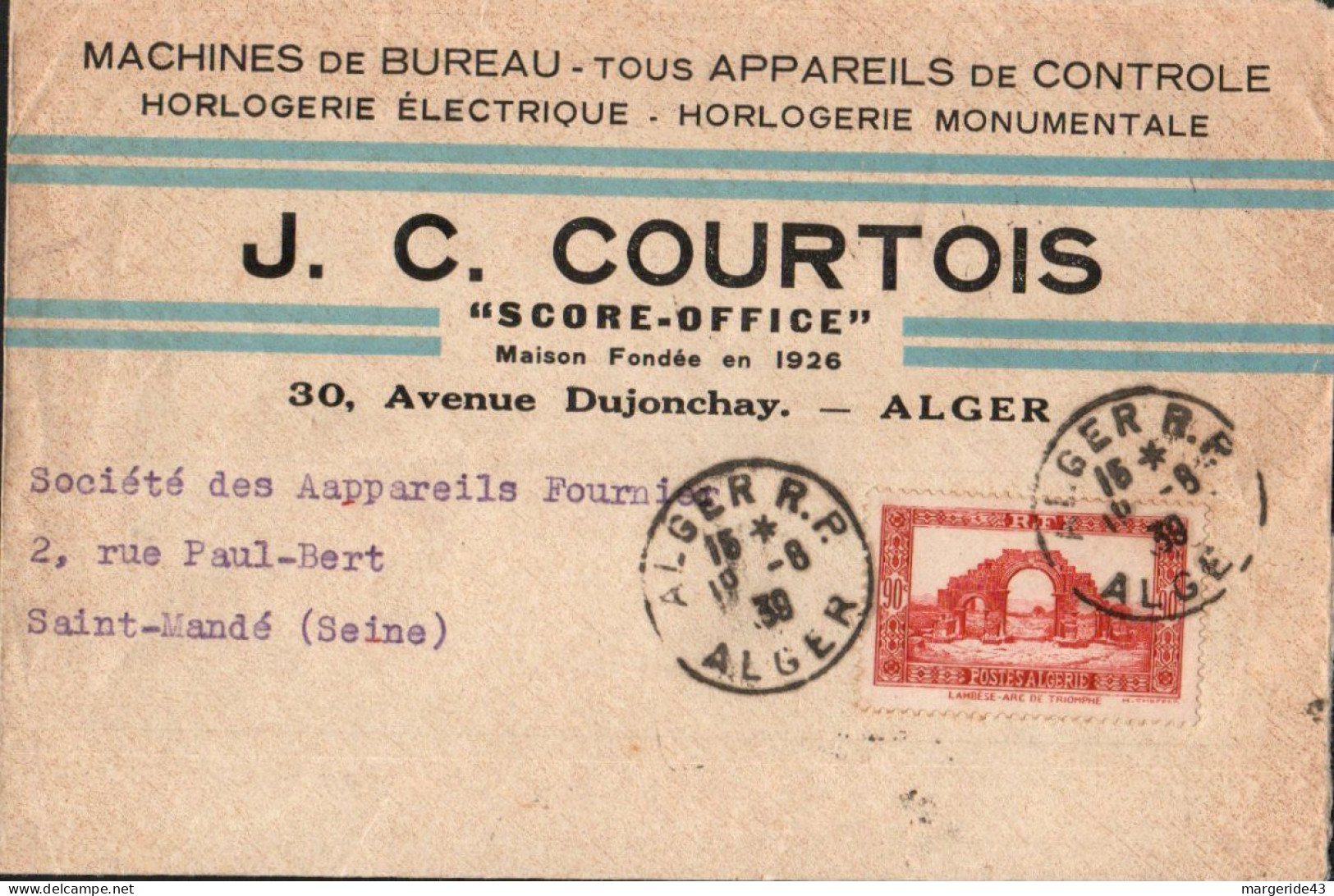 ALGERIE LETTRE A EN TETE DE ALGER POUR LA FRANCE 1939 - Storia Postale