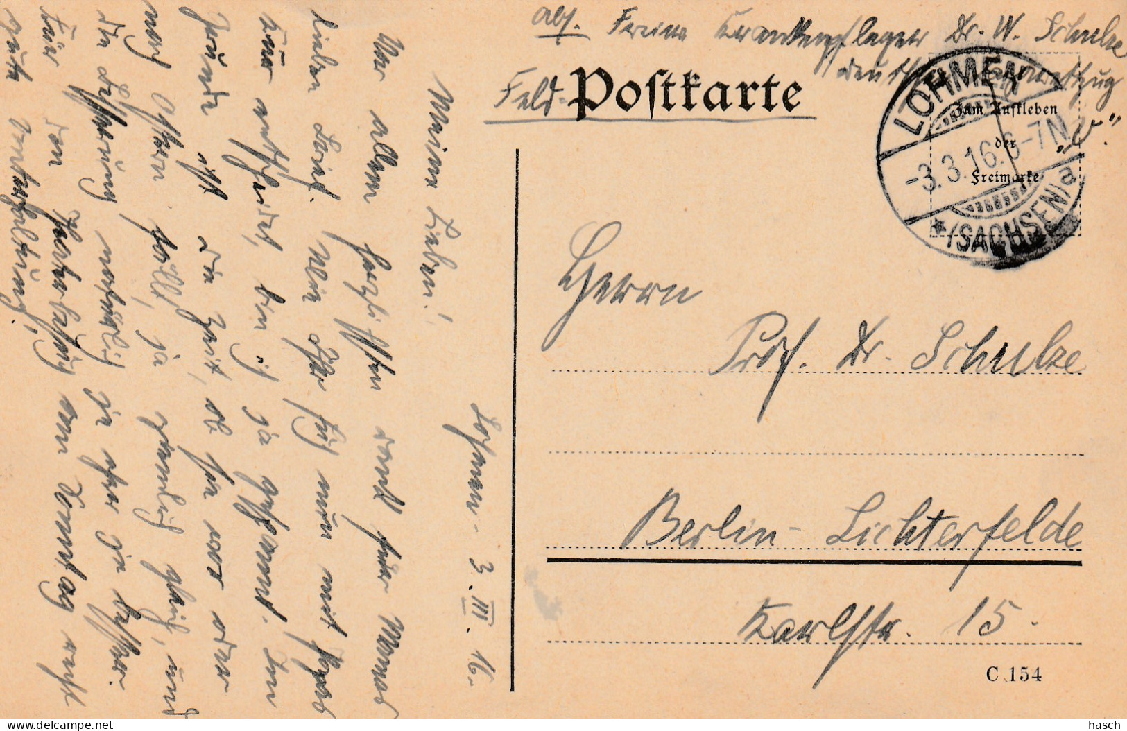 4935 32 Feldpostkarte 03-03-1916 Lohmen (sachsen)- Berlin. Absender Dr Schulze, Krankenpfleger Deutsche Lazarettzug Vau. - Weltkrieg 1914-18
