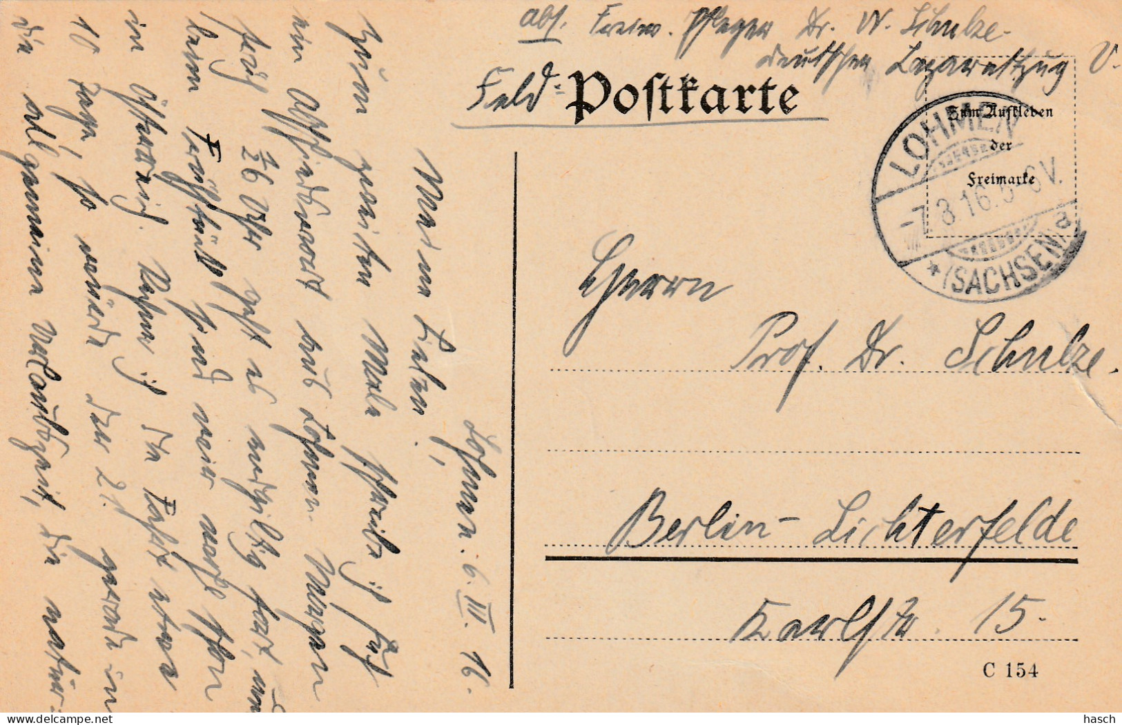 4935 34 Feldpostkarte 07-03-1916 Lohmen (sachsen)- Berlin. Absender Dr Schulze, Krankenpfleger Deutsche L - Weltkrieg 1914-18