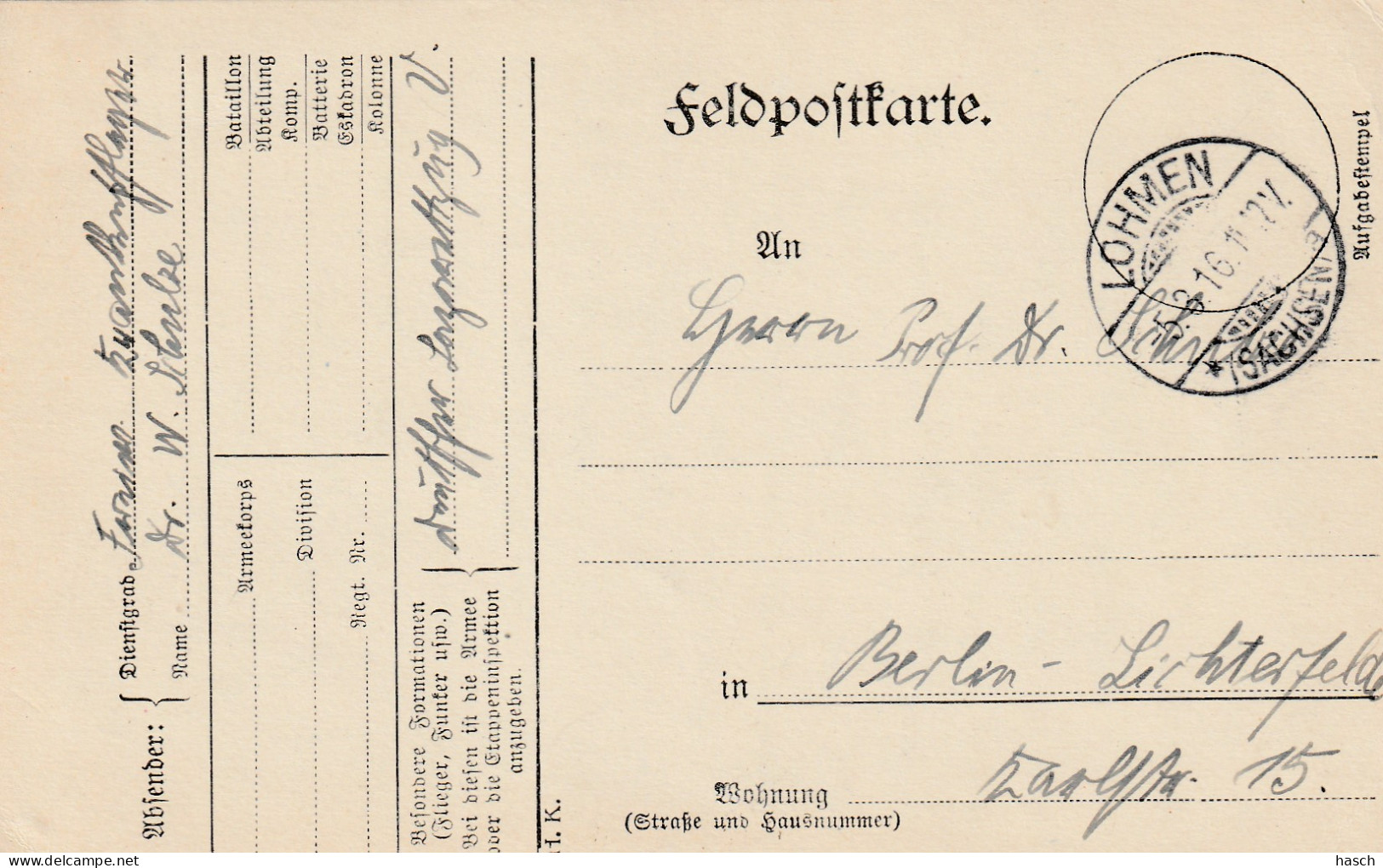 4935 33 Feldpostkarte 05-03-1916 Lohmen (sachsen)- Berlin. Absender Dr Schulze, Krankenpfleger Deutsche Lazarettzug Vau. - Weltkrieg 1914-18