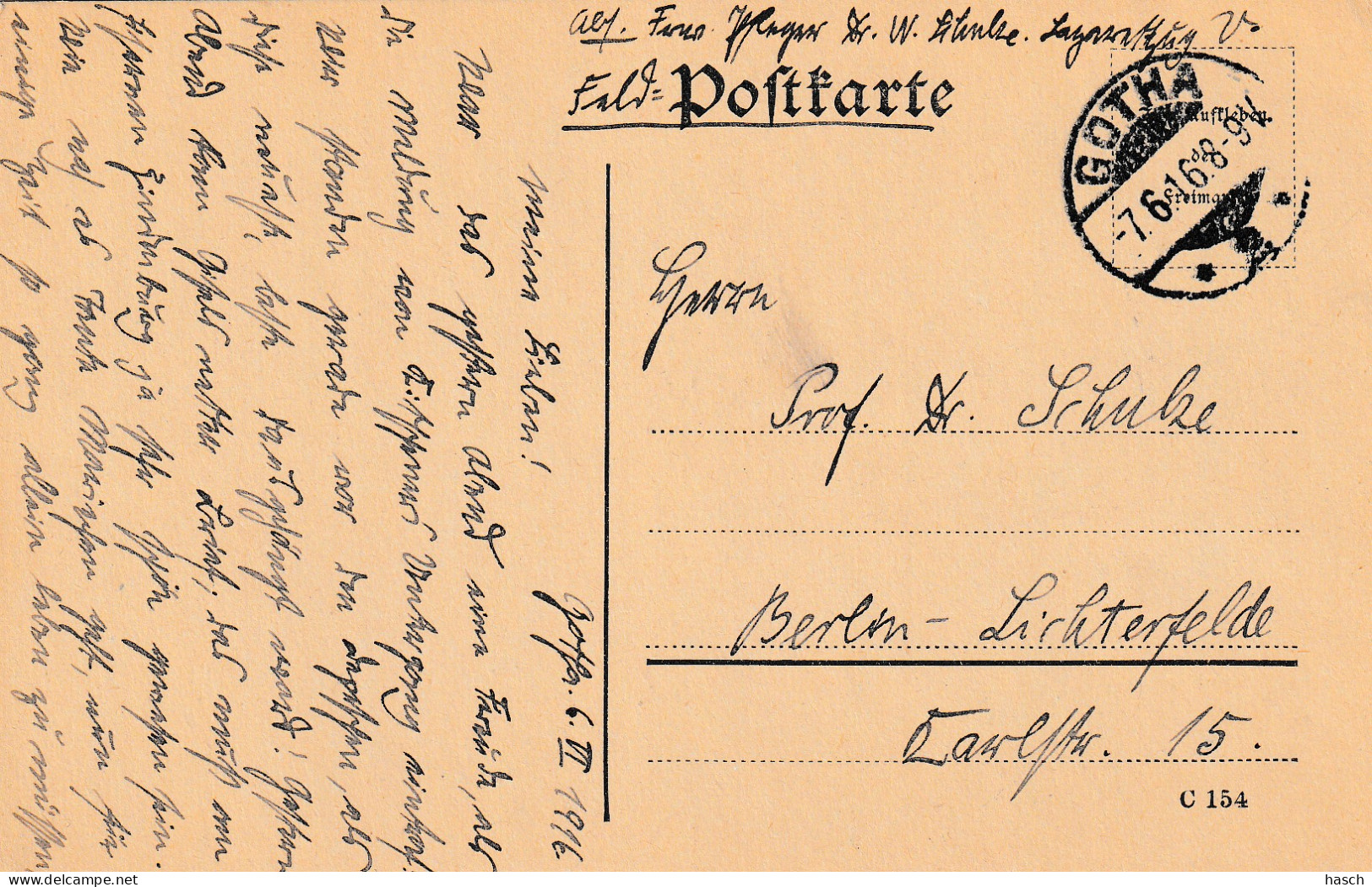 4935 36 Feldpostkarte 07-06  Gotha 2- Berlin. Absender Dr Schulze, Krankenpfleger Deutsche Lazarettzug Vau.  - Weltkrieg 1914-18