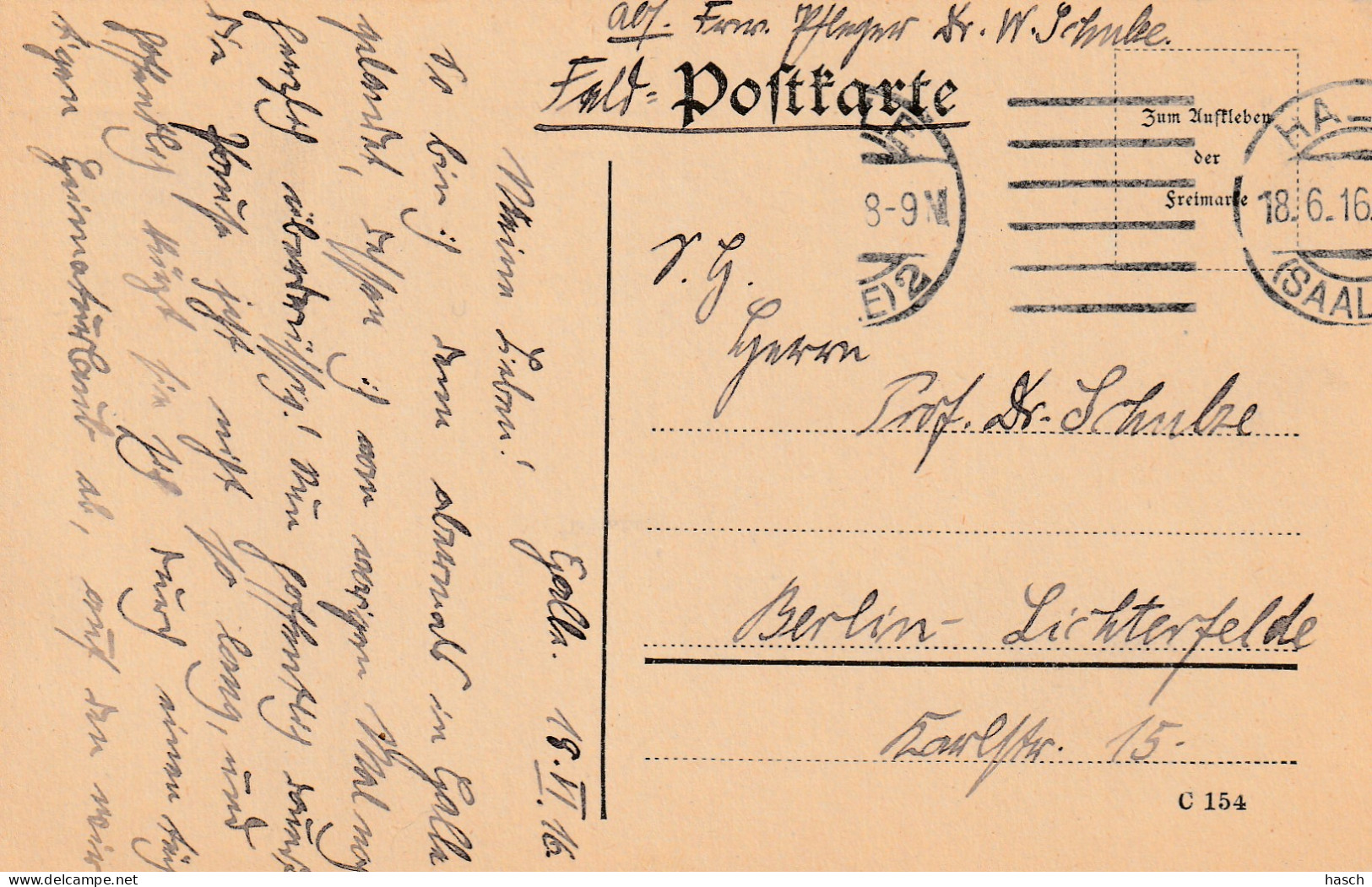 4935 38 Feldpostkarte 18-06-1916 Halle (saale 2)- Berlin. Absender Dr Schulze, Krankenpfleger Deutsche Lazarettzug Vau.  - Weltkrieg 1914-18