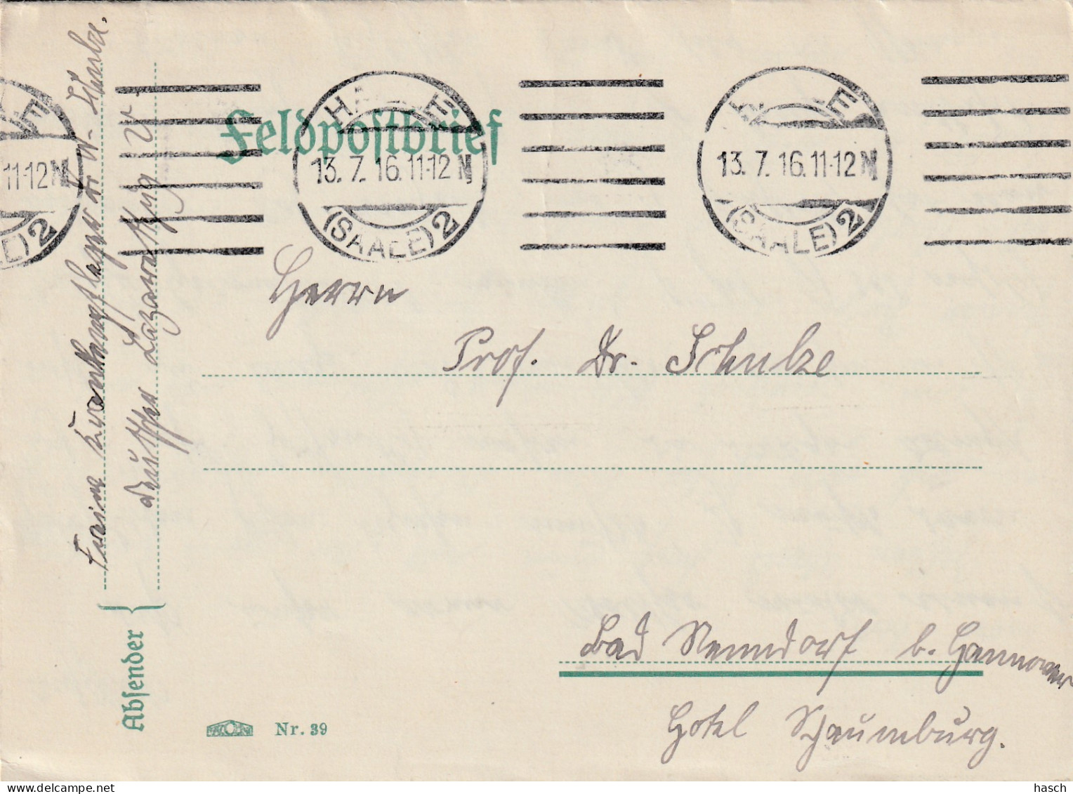  4935 44 Feldpostbrief 13-07-1916 Halle (saale 2)-Bad Nenndorf - Berlin. Absender Dr Schulze, Krankenpfleger Deutsche - Weltkrieg 1914-18