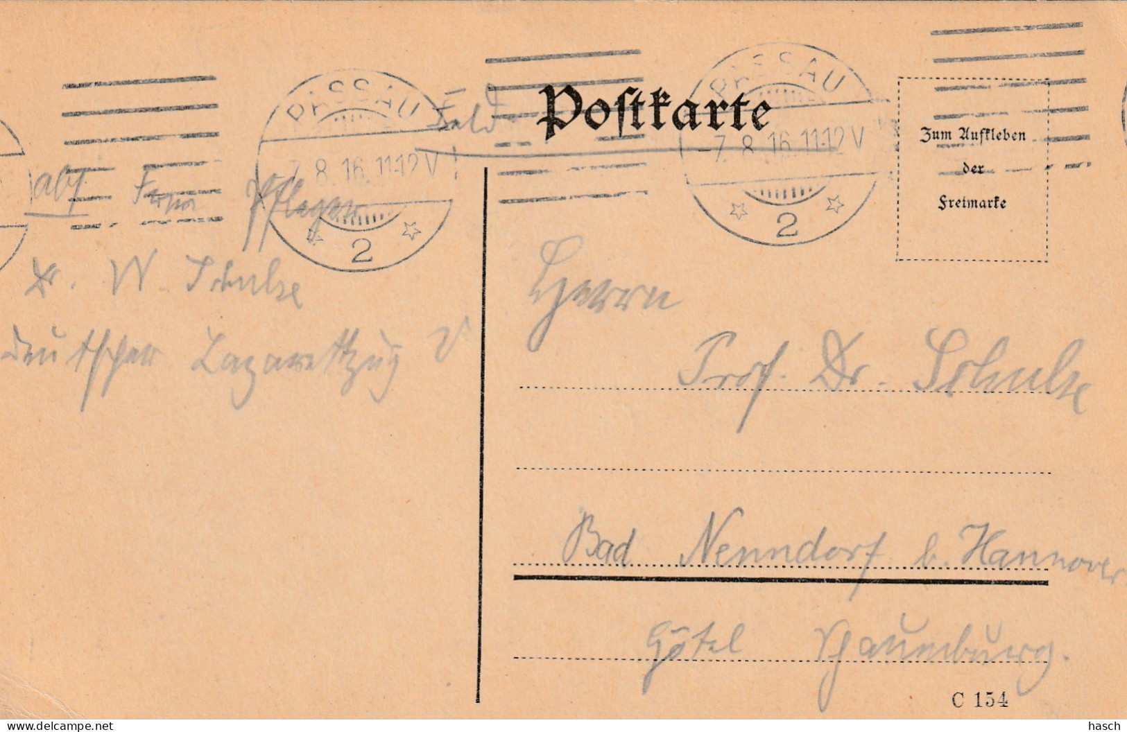 4935 47 Feldpostkarte 07-08-1916 München- Bad Nenndorf. Absender Dr Schulze, Krankenpfleger Deutsche Laz - Weltkrieg 1914-18