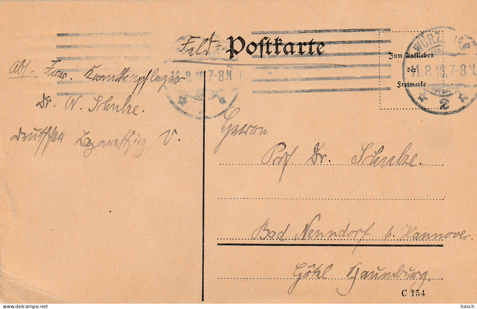 4935 50 Feldpostkarte 11-08-1916 Würzburg 2 - Bad Nenndorf. Absender Dr Schulze, Krankenpfleger Deutsche Lazaret - Weltkrieg 1914-18