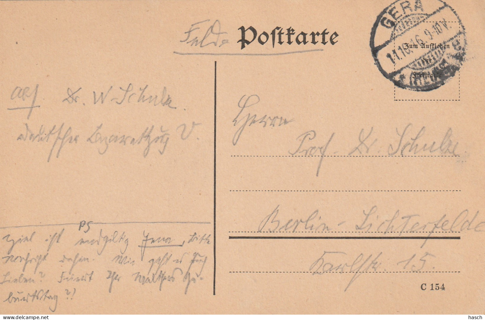 4935 57 Feldpostkarte 11-10-1916 Gera- Berlin. Absender Dr Schulze, Krankenpfleger Deutsche Lazarettzug Vau. - Weltkrieg 1914-18