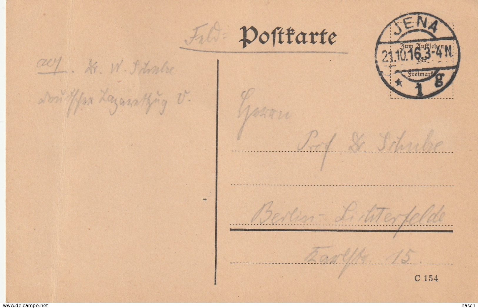 4935 59 Feldpostkarte 21-10-1916 Jena 1- Berlin. Absender Dr Schulze, Krankenpfleger Deutsche Lazarettzug Vau.  - Guerre 1914-18