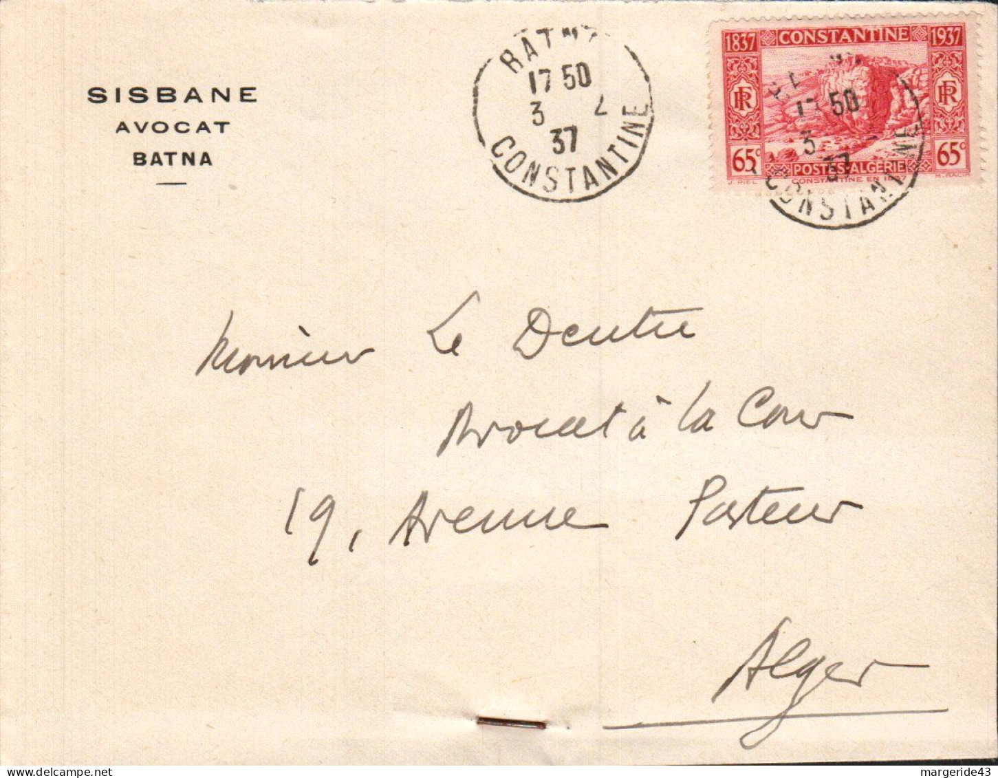 ALGERIE LETTRE A EN TETE DE BATNA POUR LA FRANCE 1937 - Brieven En Documenten