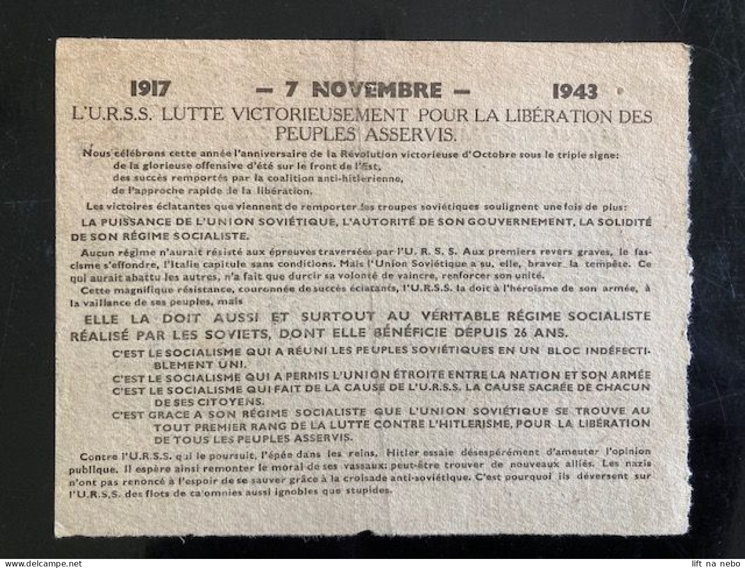 Tract Presse Clandestine Résistance Belge WWII WW2 '1917 - 7 Novembre - 1943' Printed On Both Sides - Documenten