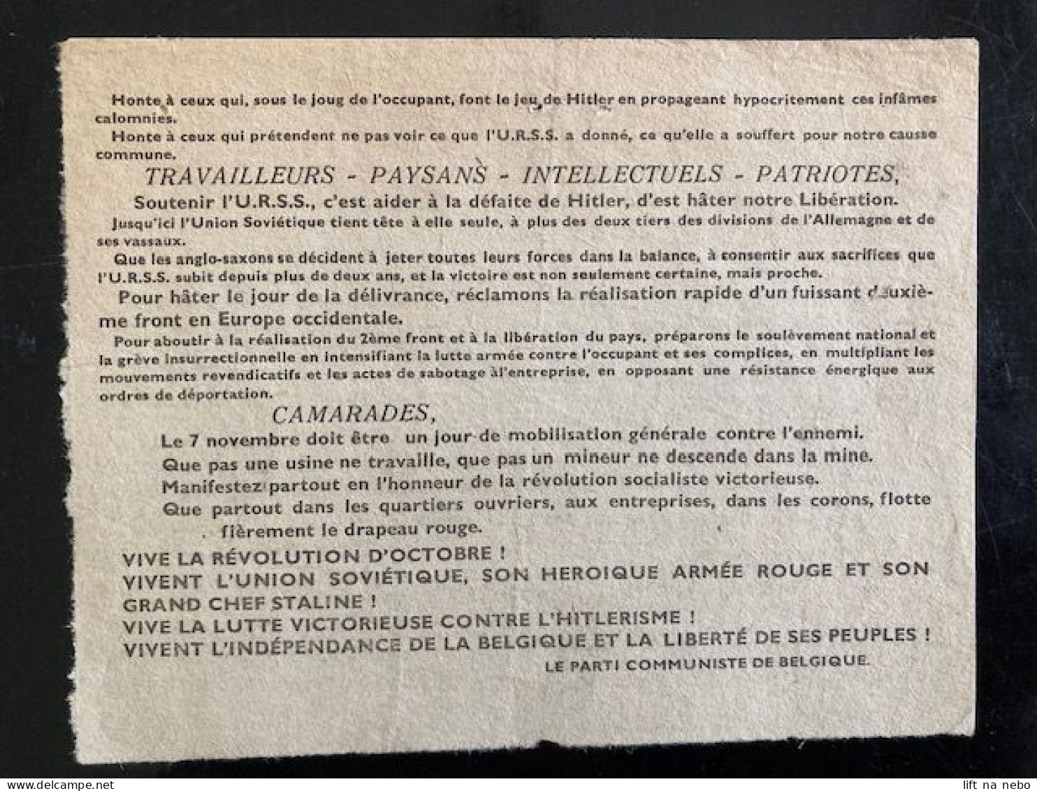 Tract Presse Clandestine Résistance Belge WWII WW2 '1917 - 7 Novembre - 1943' Printed On Both Sides - Dokumente