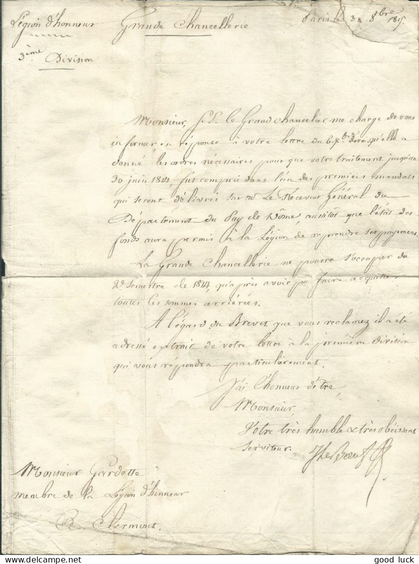 FRANCE  MARQUE "P" Noire + SEING " GRANDE CHANCELLERIE " Rouge PARIS POUR CLERMONT ( PUY DE DOME ) DE 1815  LETTRE COVER - 1801-1848: Precursors XIX