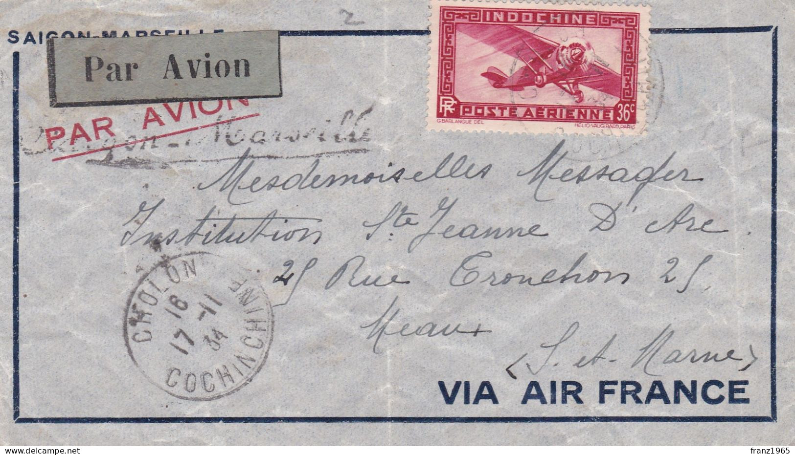 From Indochina To France - 1934 (Cholon) - Storia Postale