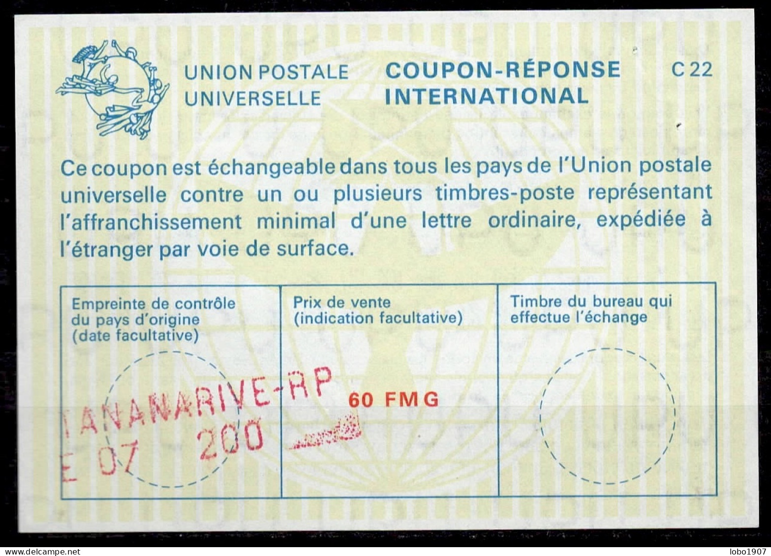 MADAGASCAR  La22A  60 FMG  International Reply Coupon Reponse Antwortschein IRC IAS TANANARIVE  E 07  200 - Madagaskar (1960-...)