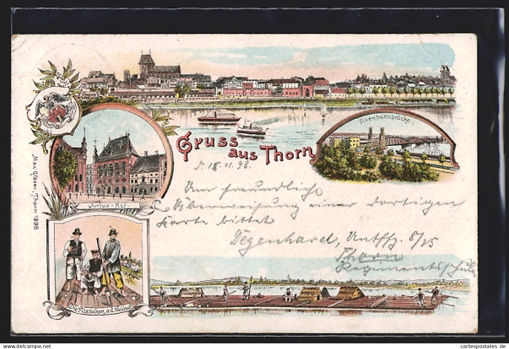 Lithographie Thorn, Gasthof Artus-Hof, Eisenbahnbrücke, Dampfer  - Westpreussen