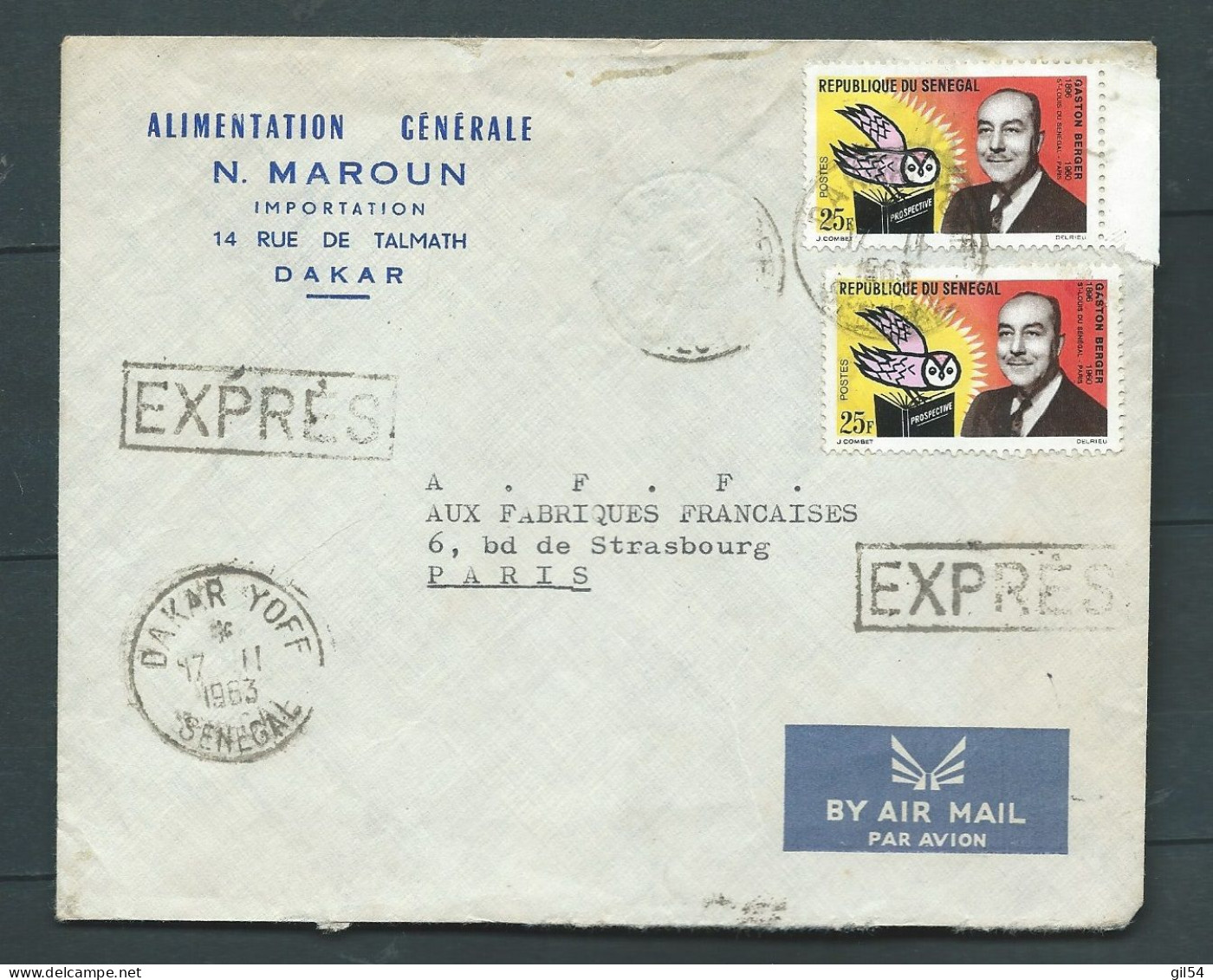 LSC "  Du Sénégal ,  Par Expres Pour Paris , Obl. Dakar Yoff 17/11/1963  -    LP 33012 - Sénégal (1960-...)