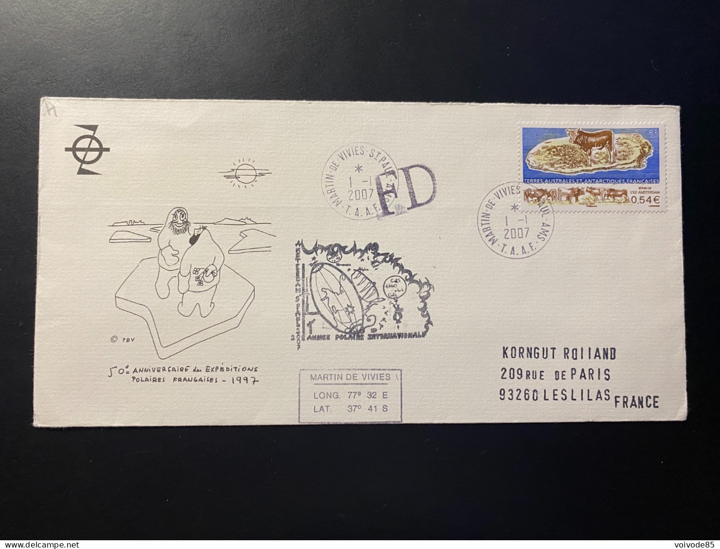 Lettre "Bovin De L'Ile Amsterdam - Faune" 01/01/2007 - 461 - TAAF - Saint Paul - Animaux - Vaches - Storia Postale