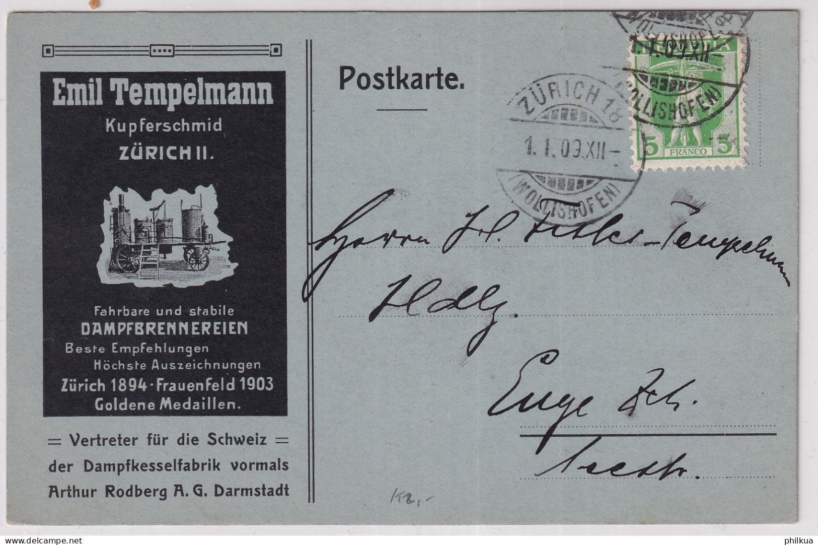 Zum. 103 / Mi. 97 Auf Illustrierter Werbepostkarte EMIL TEMPELMANN KUPFERSCHMID DAMPFBRENNEREIEN - ZÜRICH - Storia Postale