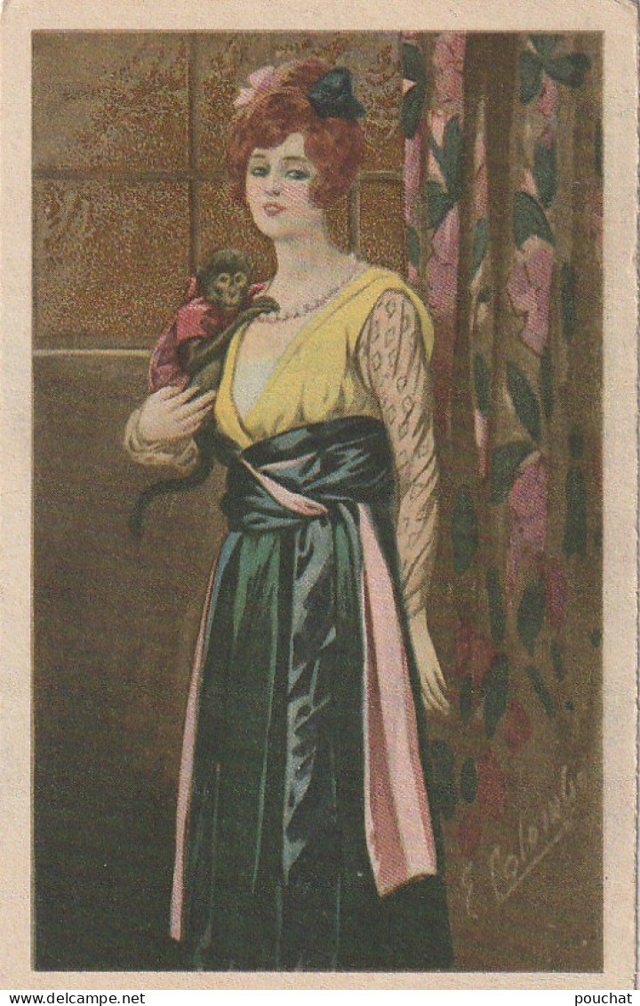 XXX - JEUNE FEMME ELEGANTE ET SINGE OUISTITI HABILLE  - ILLUSTRATEUR COLOMBO - 2 SCANS - Colombo, E.