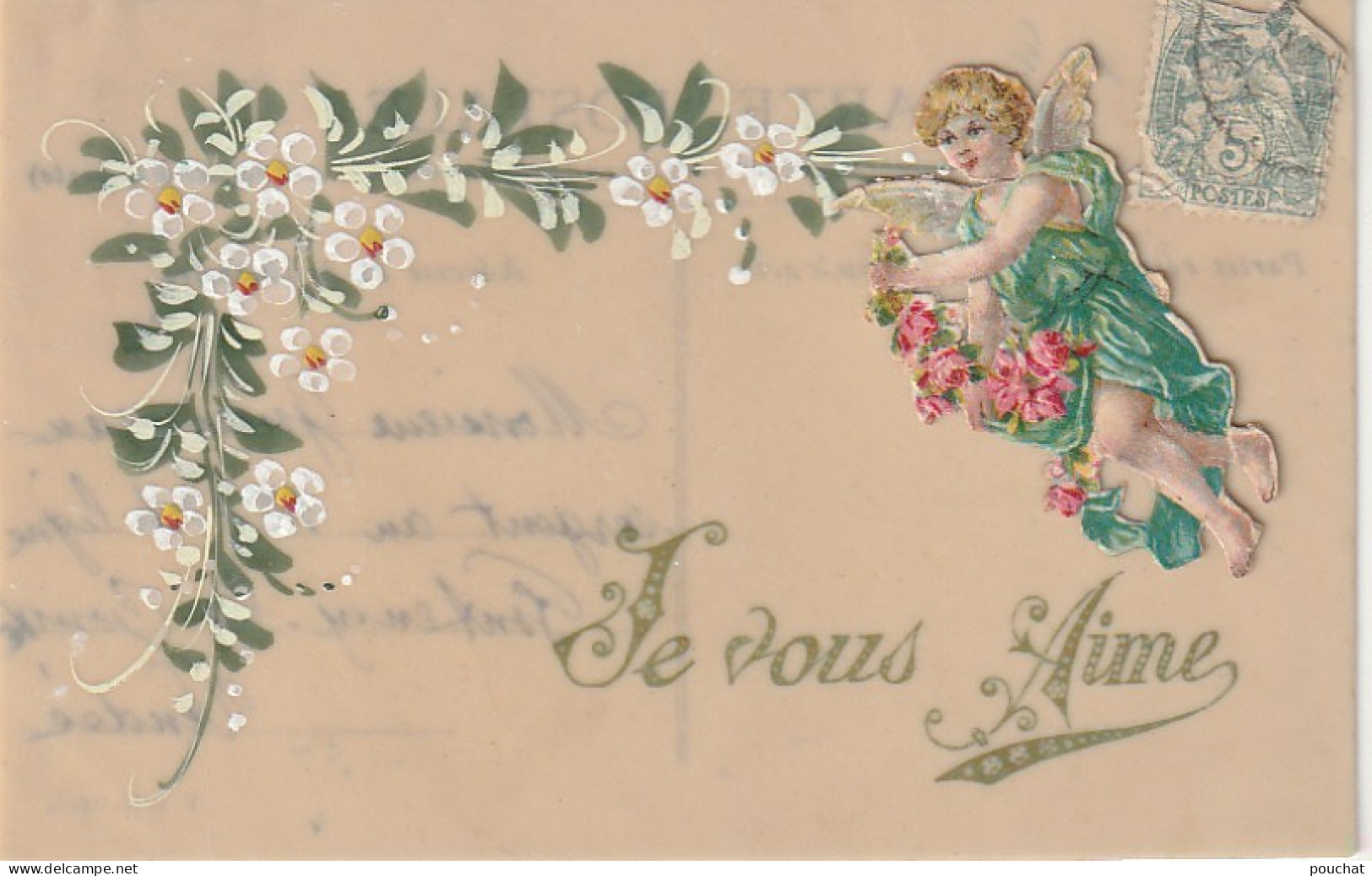 XXX - " JE VOUS AIME " - CARTE FANTAISIE CELLULOID PEINTE , FLEURS , ET AJOUT  CHROMO, ANGELOT - 2 SCANS - Autres & Non Classés