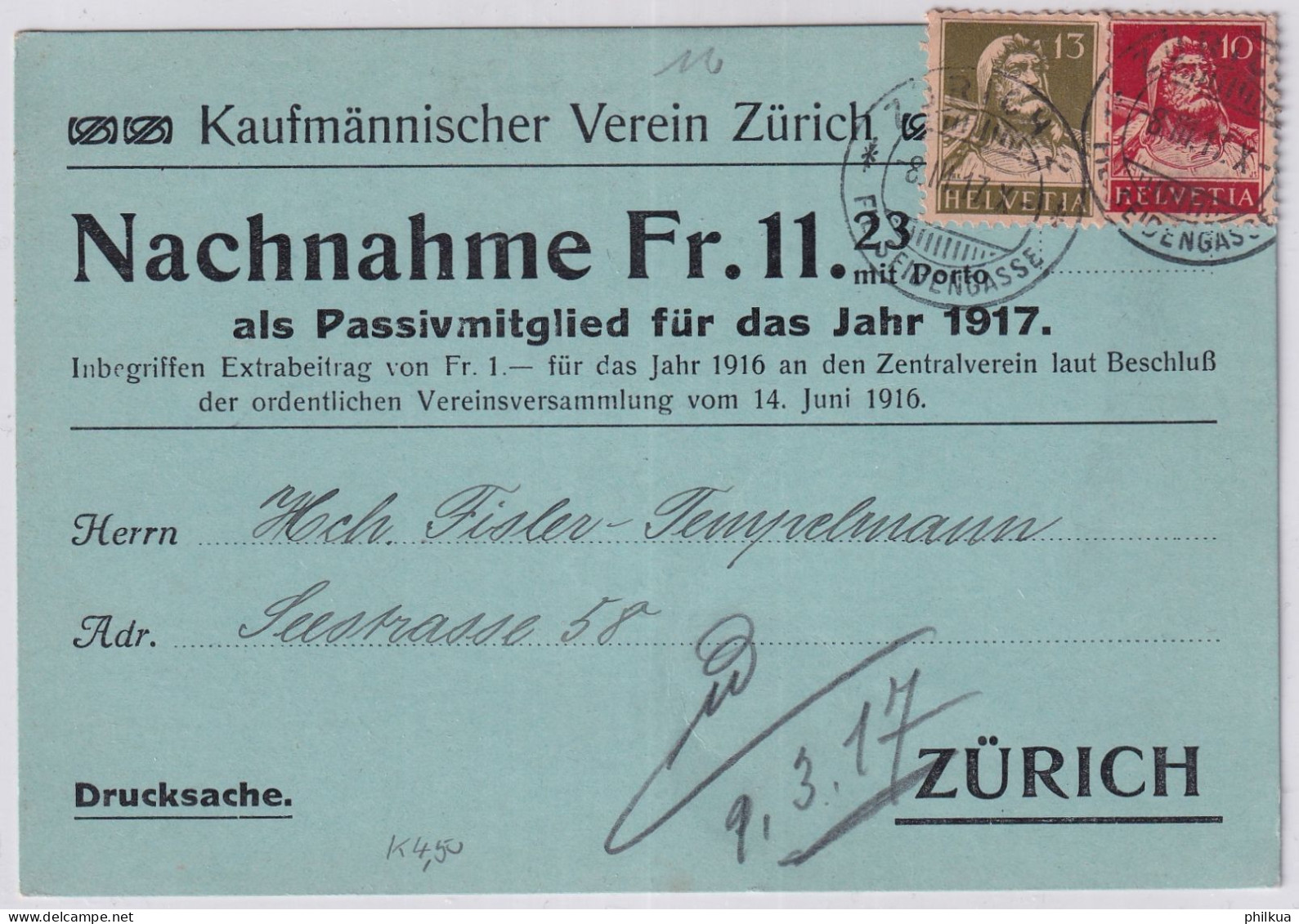 Zum. 126i, 139 / Mi. 118i, 139x Auf Nachnahmekarte KAUFMÄNNISCHER VEREIN ZÜRICH Passivmitglied 1917 - Lettres & Documents