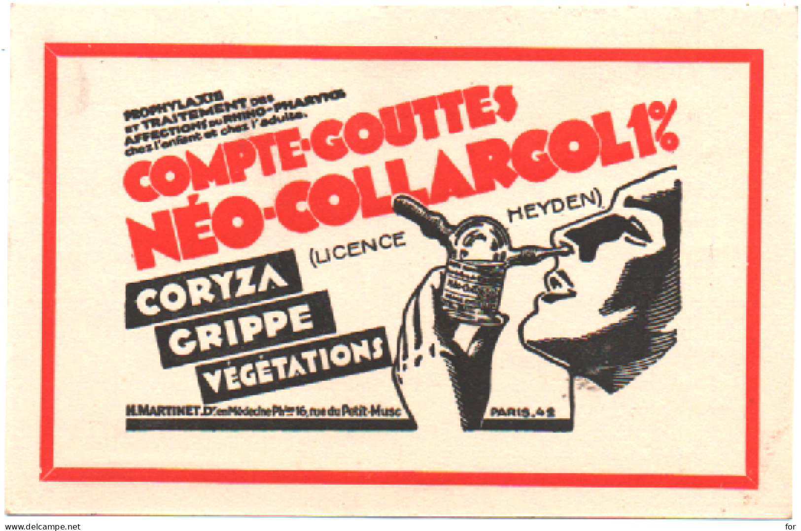 Publicité : Santé : " Compte-Gouttes -- Néo-Collargol 1% " : Coryza - Grippe - Végétation : Docteur Martinet - Paris - Advertising