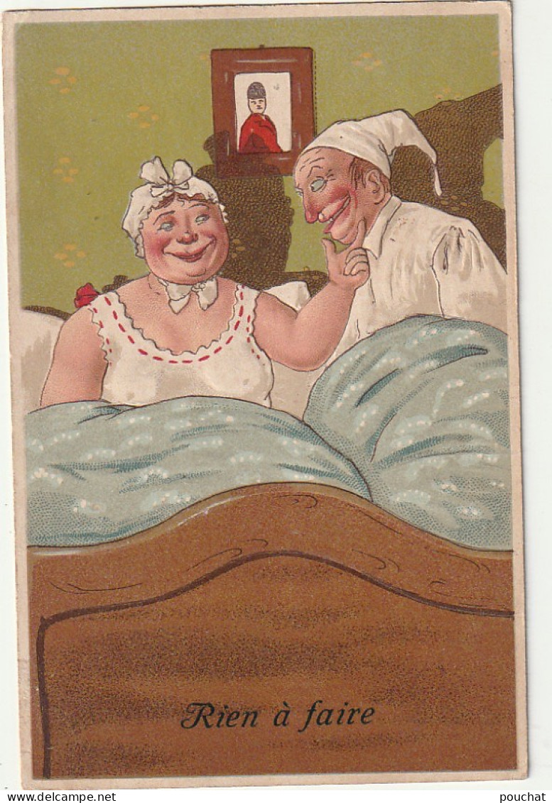 XXX - " RIEN A FAIRE " - COUPLE AU LIT  AVEC BONNETS DE NUIT - ILLUSTRATEUR - CARTE GAUFREE - 2 SCANS - Humour