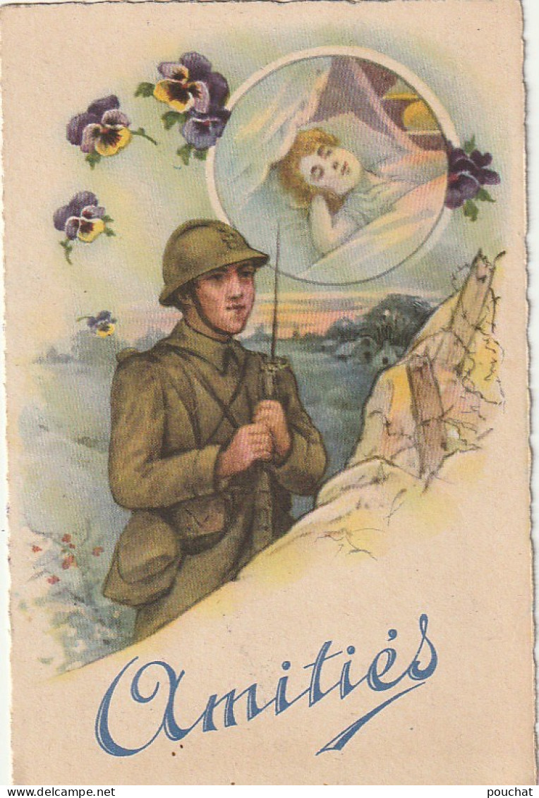 XXX - " AMITIES " - CARTE FANTAISIE - SOLDAT DANS TRANCHEE - TENDRE SOUVENIR  EN MEDAILLON - ILLUSTRATEUR - 2 SCANS - Personnages