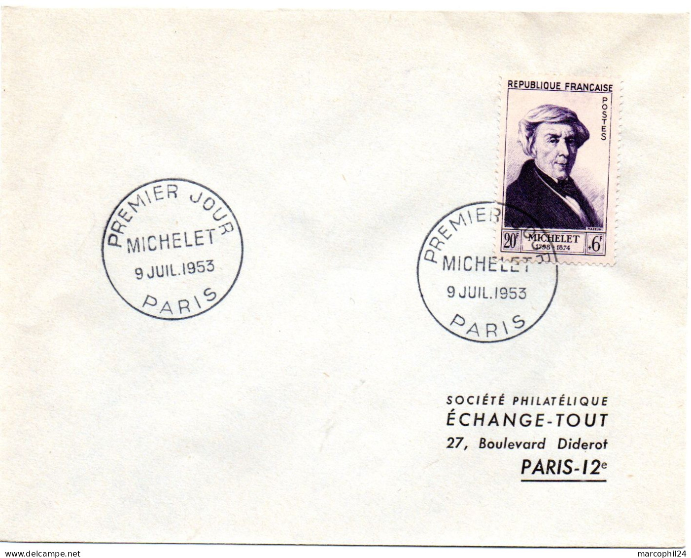 ECRIVAIN / MICHELET = 75 PARIS 1953 = CACHET PREMIER JOUR N° 949 Sur ENVELOPPE ENTIERE - Ecrivains