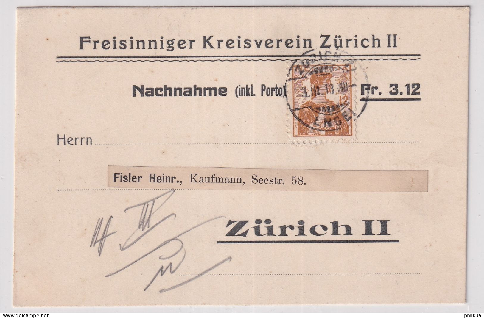 Zum. 121 / Mi. 115 Auf Nachnahmekarte FREISINNIGER KREISVEREIN ZÜRICH II Gelaufen Ab Zürich ENGE - Briefe U. Dokumente