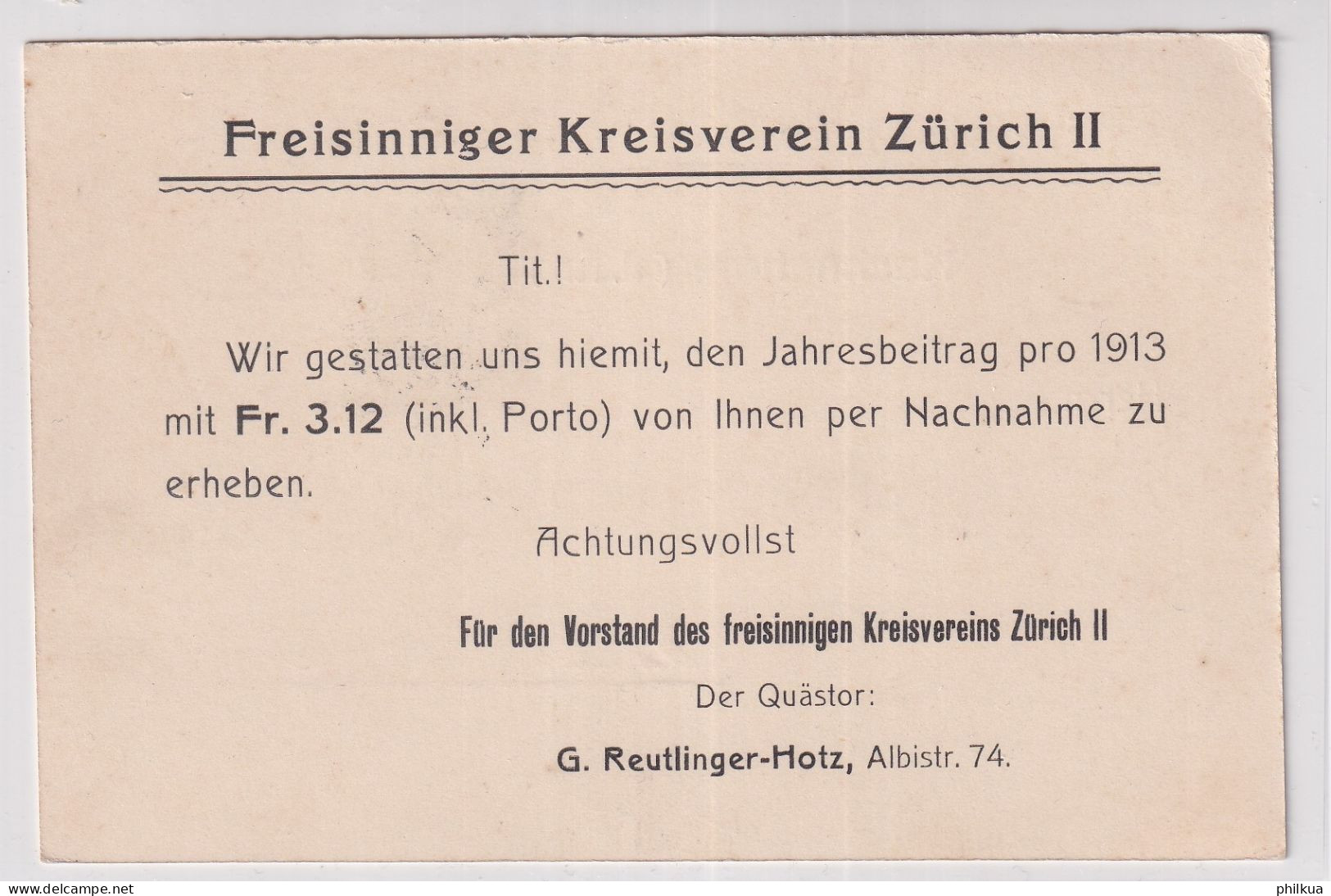 Zum. 121 / Mi. 115 Auf Nachnahmekarte FREISINNIGER KREISVEREIN ZÜRICH II Gelaufen Ab Zürich ENGE - Covers & Documents