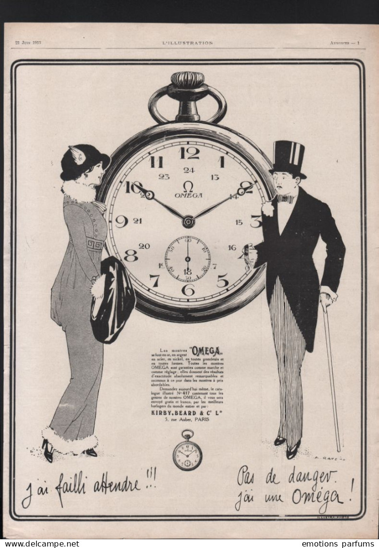 Pub Papier 1913 Montre OMEGA  Montres Horlogerie Dessin Couple élégant Style Art Deco - Publicités