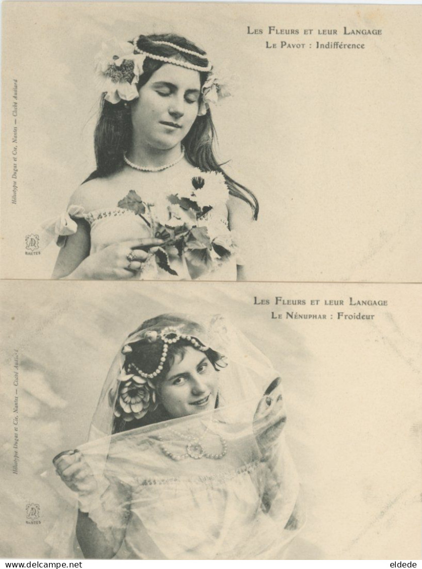 Serie 7 CP Belles Femmes Langage Fleurs Dugas Nantes Pavot Opium Nenuphar Jonquille Oeillet Eglantine Lilas - Frauen
