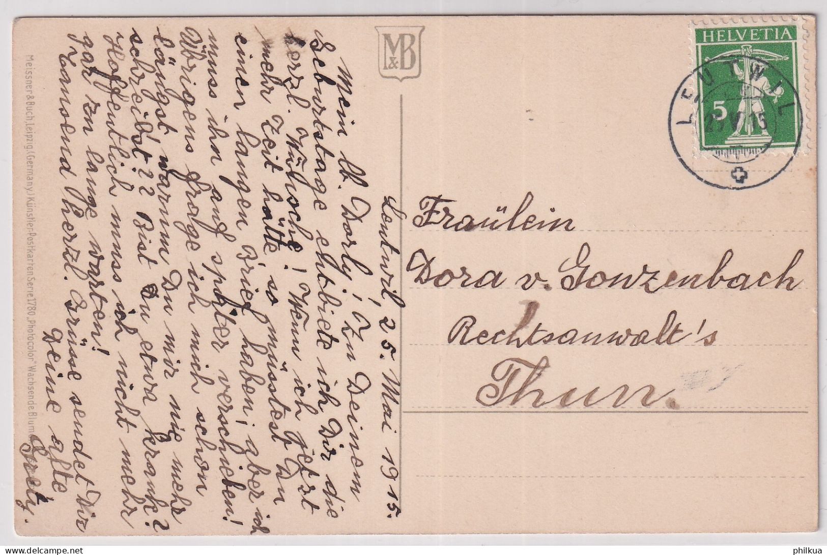 Zum. 125III / Mi. 113III Auf Ansichtskarte Gelaufen 1915 Ab LEUTWIL (Aargau) Nach Thun - Lettres & Documents