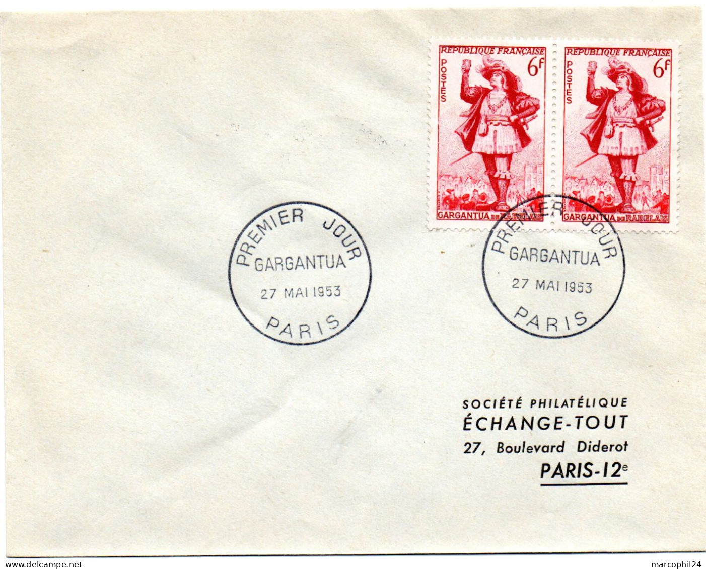 ECRIVAIN / RABELAIS = 75 PARIS 1953 = CACHET PREMIER JOUR N° 943 GARGANTUA Sur ENVELOPPE ENTIERE - Scrittori