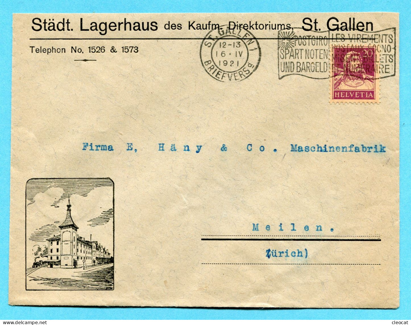 Illustrierter Brief Von St. Gallen Nach Meilen 1921 - Absender: Städt. Lagerhaus Des Kaufm. Direktoriums - Lettres & Documents