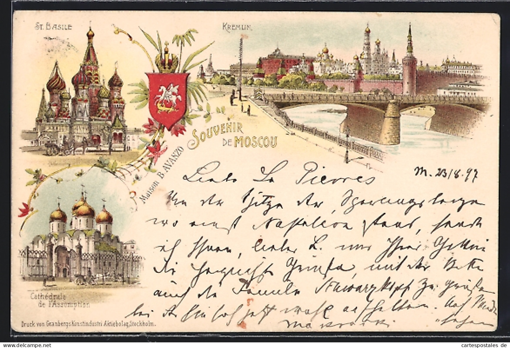 Lithographie Moscou, Kremlin, Cathedrale De L`Assumption, St. Basile, Wappen  - Russia