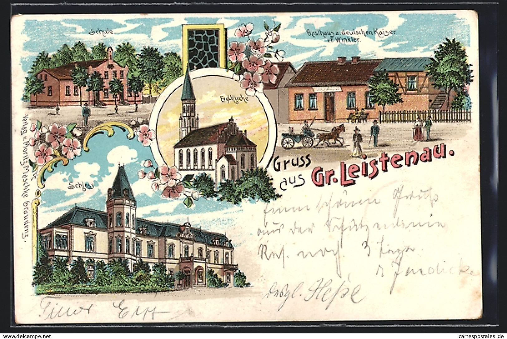 Lithographie Gr. Leistenau, Gasthaus Zum Dt. Kaiser F. Winkler, Schule, Schloss  - Westpreussen