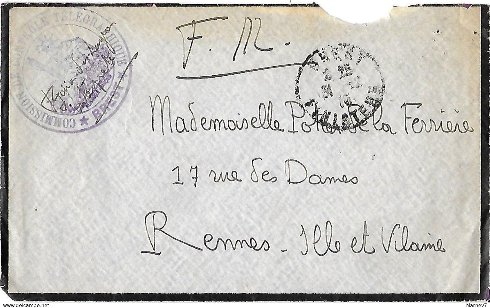 Lettre De BREST à RENNES - Commission De Contrôle Télégraphique - FM - Franchise Militaire - Cad Du 31 12 1915 - Covers & Documents