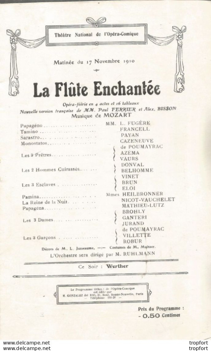 Programme Opera 1910 THEATRE PARIS LA FLUTE ENCHANTEE PUB DESSIN MUCHA - Programmi