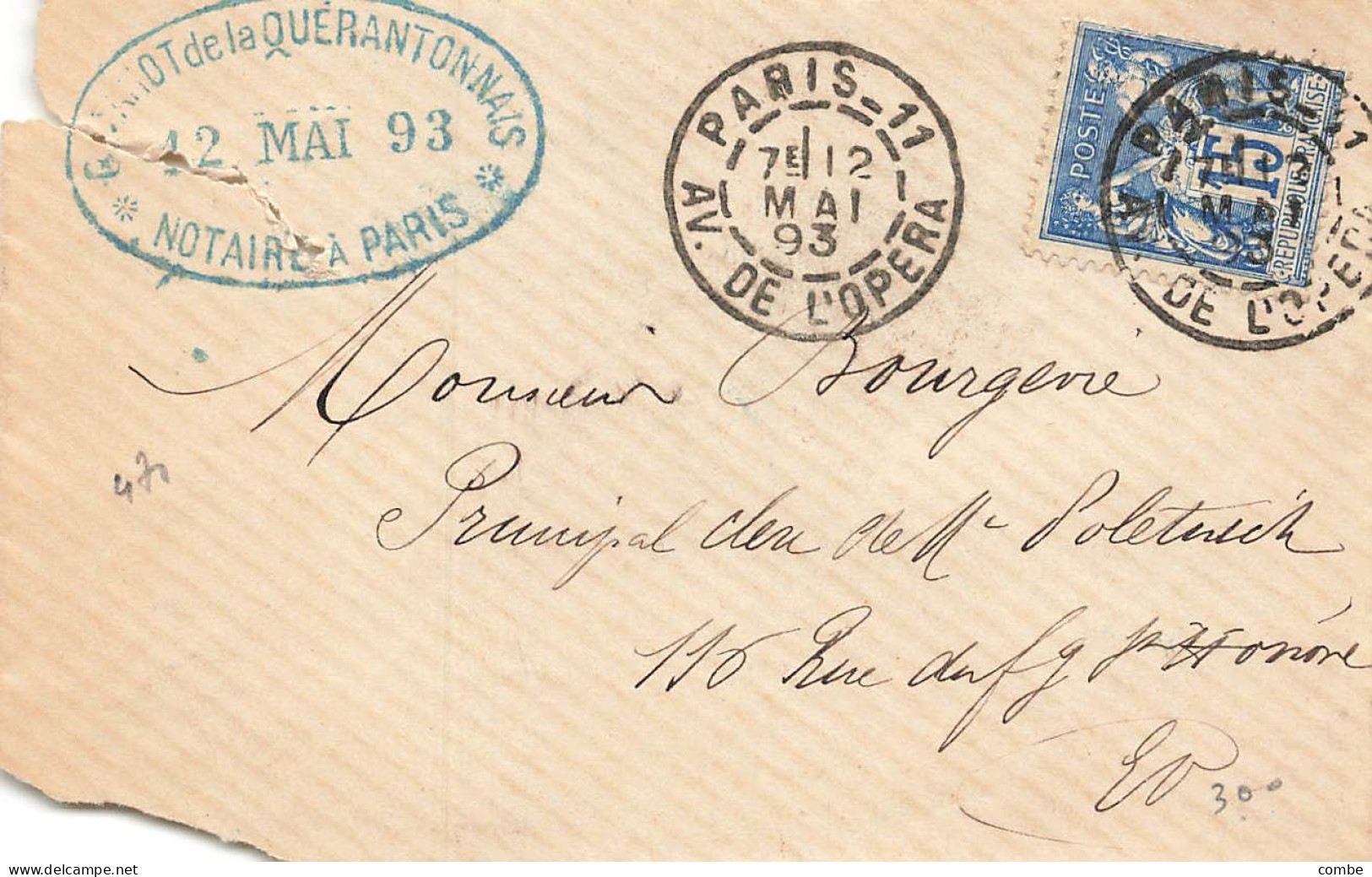 LETTRE. DEVANT. SAGE. 15c. PARIS. 1893. AV. DE L'OPERA. G.MAHOT DE LAQUERANTONNAIS. NOTAIRE - 1877-1920: Période Semi Moderne