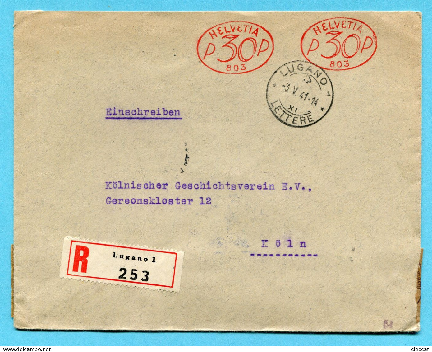 R - Zensurbrief Von Lugano 1941 Nach Köln Mit 2 Freistempel - Covers & Documents