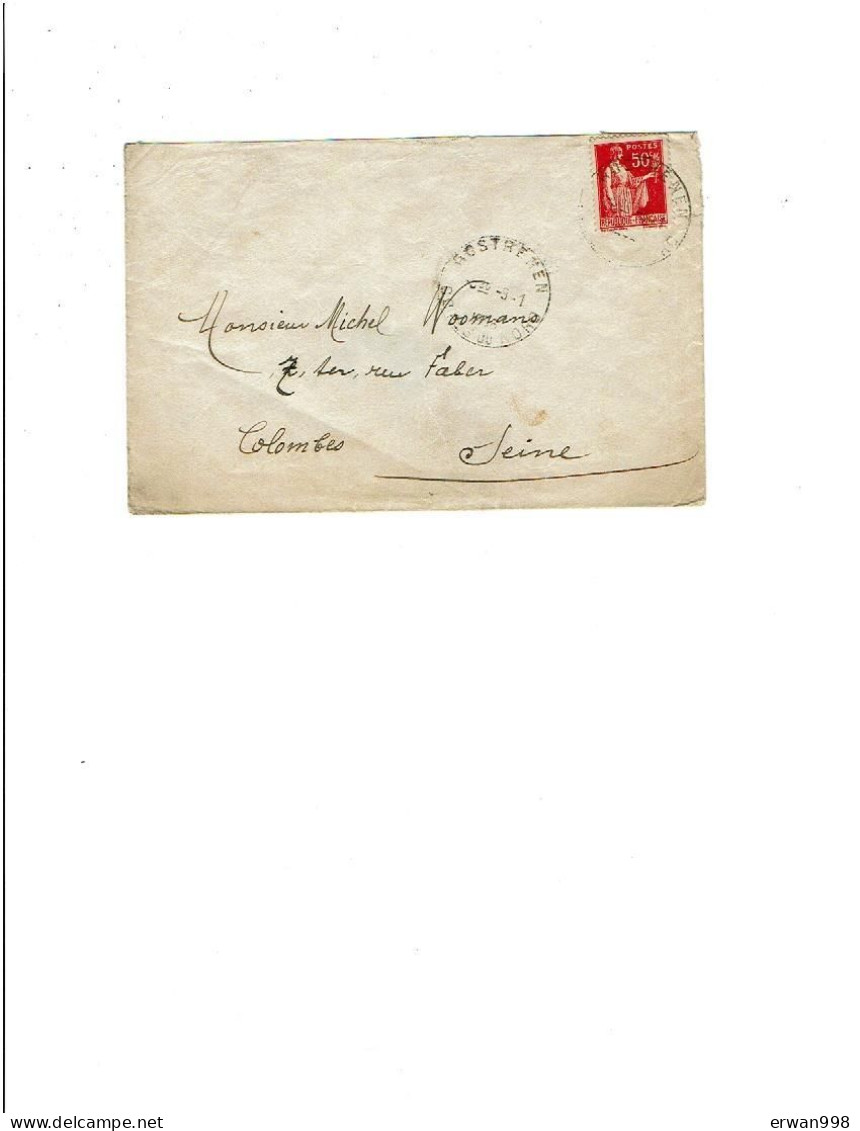 22 ROSTRENEN Cachet Horoplan  3/1/1936 S/ PAIX YT 283 Seul Sur Lettre (1197) - Manual Postmarks