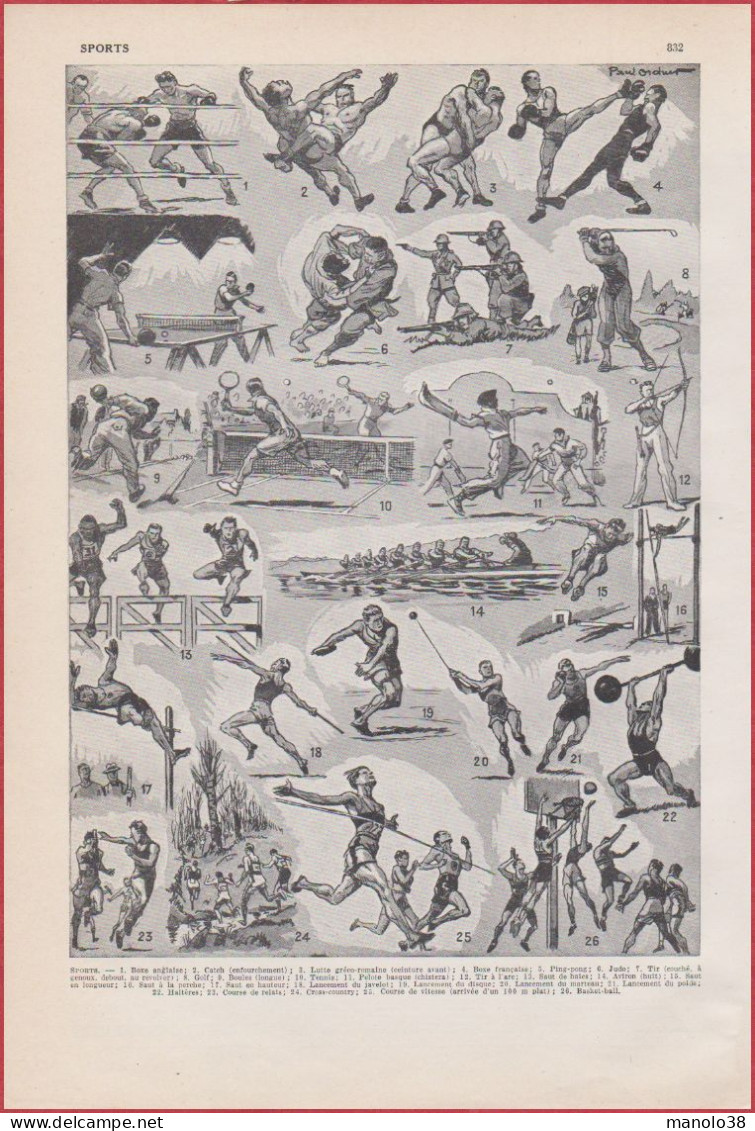 Sport. Divers Sports. Illustration Paul Ordner. Larousse 1948. - Historische Dokumente