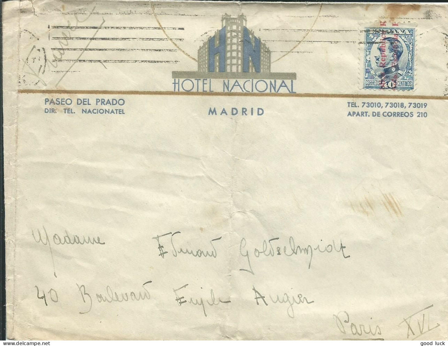 ESPAGNE LETTRE A ENTETE HOTEL 40c MADRID POUR PARIS DE 1931 LETTRE COVER - Covers & Documents